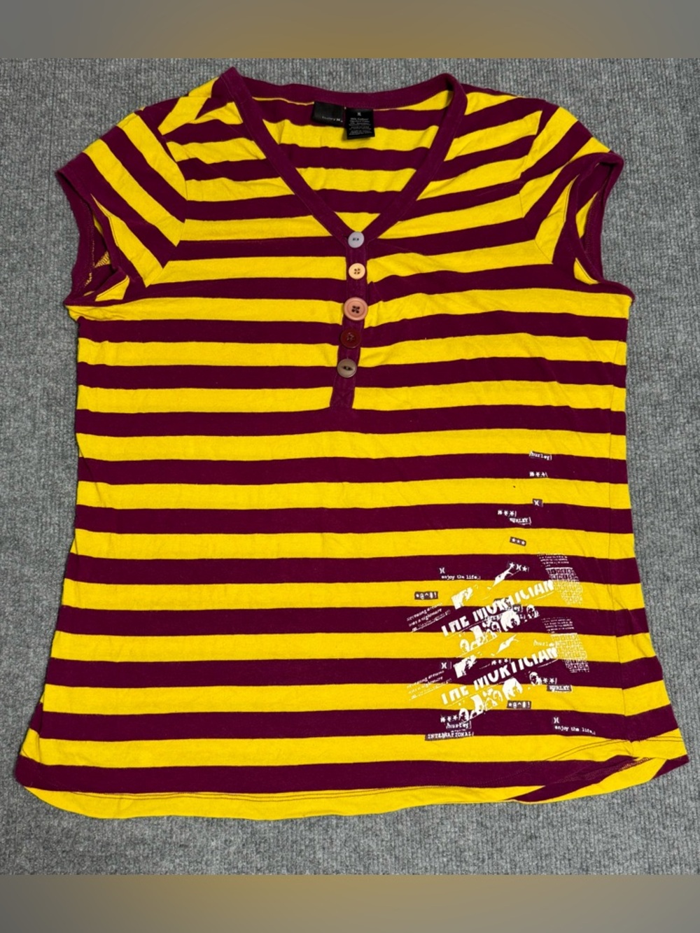 Archival 2007 Hurley Striped Graphic Top Maroon Gold Y2K Indie Eclectic XL